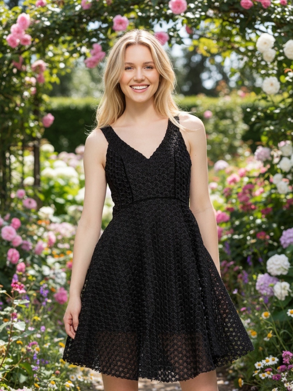 Maje Black Ringo Basket Weave Lace Flare Dress Small